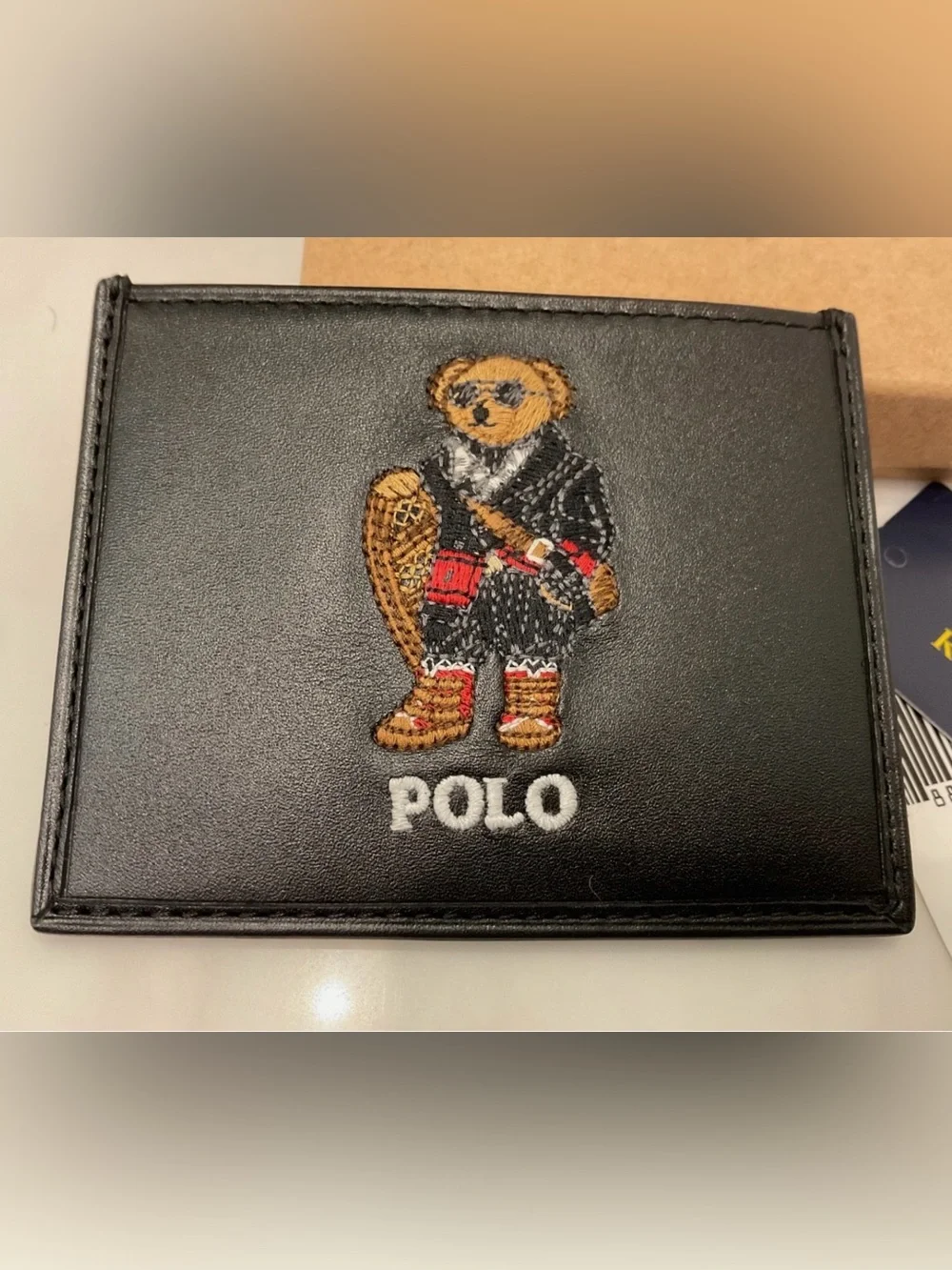 NEW Polo Ralph Lauren HOLIDAY SNOWSHOE BEAR Leather Slim Card Case Wallet BLACK